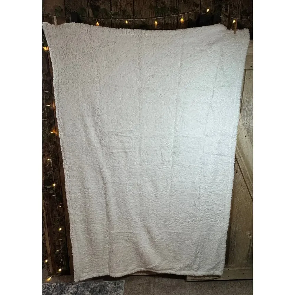 Eddie Bauer Green White Plaid Brushed Fleece Throw Blanket with Sherpa Reverse